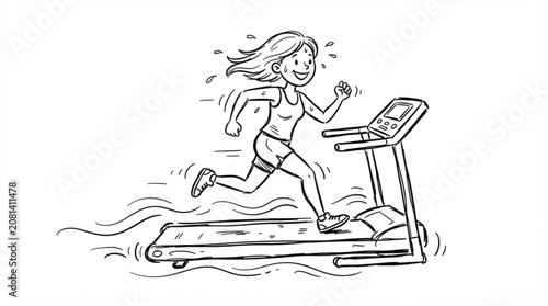  Cute hand drawn doodle woman running on treadmill vector sketch with playful cartoon motion line style for whimsical fitness blog decorations