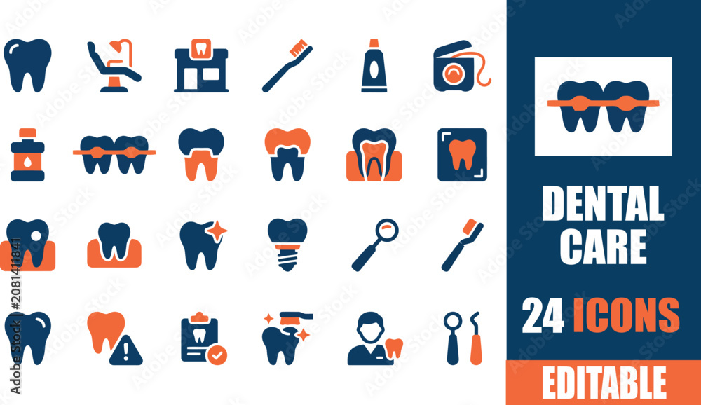 Fototapeta premium A comprehensive set of 24 editable dental care icons in a modern two-tone design, illustrating various aspects of oral health and dentistry.