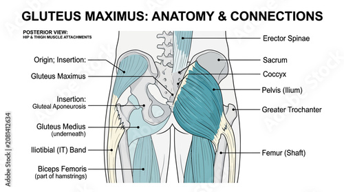 Fotografía Gluteus Maximus Anatomy and Connections: Posterior View of Hip and Thigh Muscles