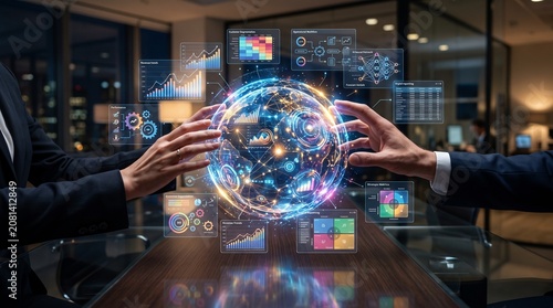 Hands Holding Holographic Data Sphere in Modern Office with Digital Interface