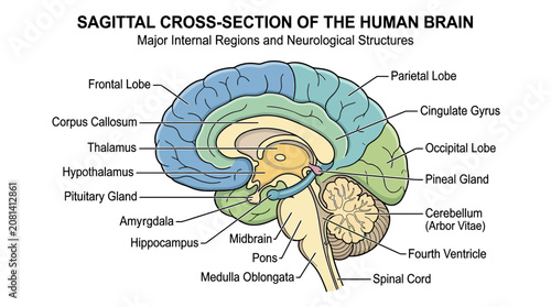 Fotografie Sagittal Cross-Section of Human Brain Anatomy Diagram with Labels