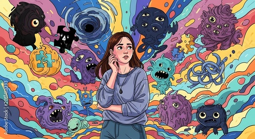 Colorful illustration of a woman surrounded by anxiety monsters and chaotic thoughts.