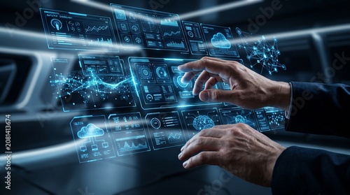 Hands Navigating Futuristic Digital Interface with Holographic Data Projection