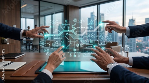Business team interacting with futuristic digital interface in modern office with city view