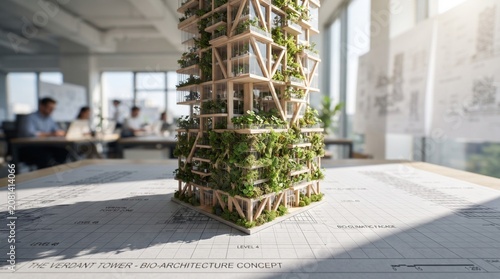 Sustainable architecture concept, green living wall, wooden plant tower, indoor urban garden