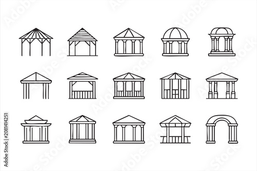 Bild auf Leinwand Editable Gazebo Outline Icons Featuring Pergolas, Rotundas, and Classical Pavili