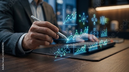 Hand Using Stylus on Holographic Financial Data Interface with Digital Graphs and Charts