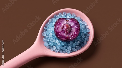 Pink spoon, blue bath salts, purple candle, spa ingredients, relaxation essentials