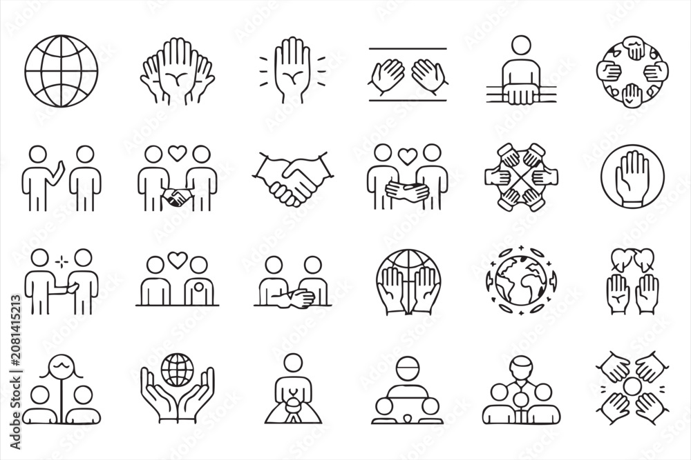 Fototapeta premium Editable Community Outline Icons for Collaboration, Inclusion, and Volunteer Projects