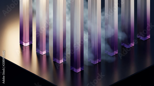 Abstract transparent glass pillars with soft smoke in a dark studio room