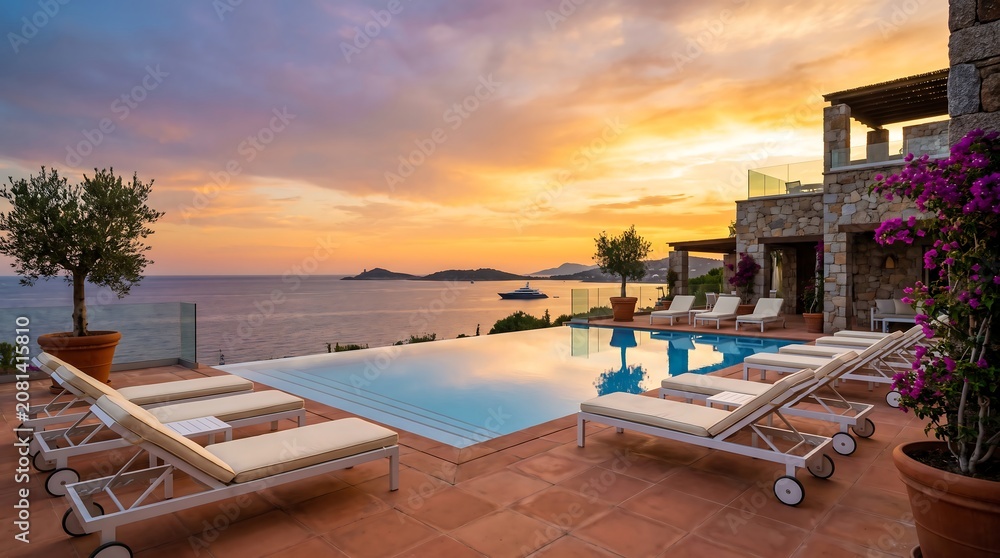 Fototapeta premium Luxury villa with infinity pool overlooking scenic sea view at beautiful sunset.