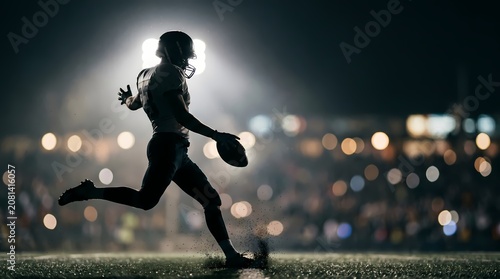 Silhouette of American football player running with ball at nighttime sports event with blurred crowd and stadium lights in the distance