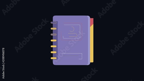 Flat motion illustration of a purple address book with tabs
