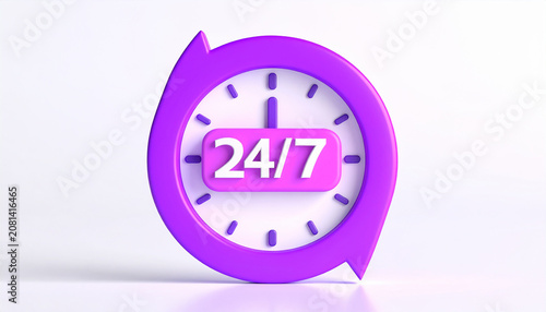 3D Purple 24/7 Service Clock Icon