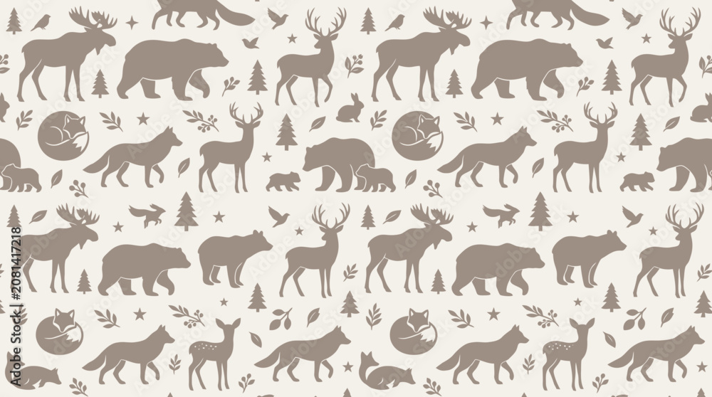 Obraz premium Woodland animal pattern with deer bear and fox silhouettes