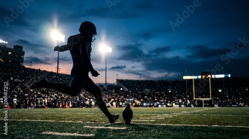 American football player kicks ball on field at dusk with stadium lights on