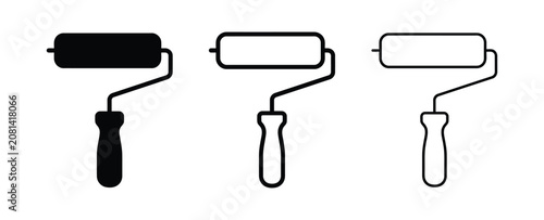 Set of black paint roller icons for home renovation and wall decoration design