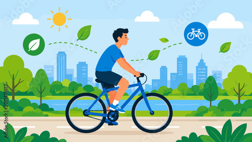 Canvastavla Young man rides blue bike along green path