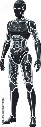 Futuristic robot vector with transparent panels revealing circuit‑board details. Sleek black and silver design and glowing accents create a premium cyber‑tech character with a modern AI aesthetic.