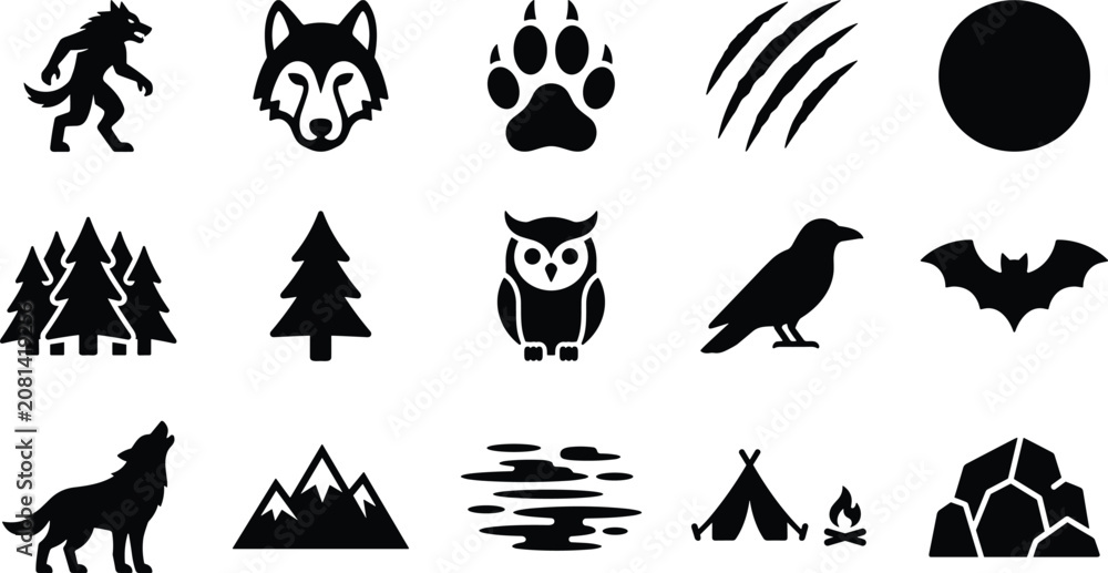 Fototapeta premium Set of black silhouette icons featuring wildlife nature forest animals werewolf moon and camping elements for adventure design