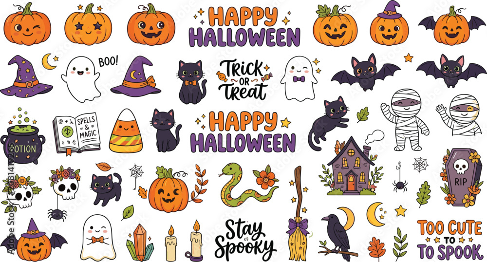 Fototapeta premium Happy Halloween cute doodle sticker set featuring spooky ghosts pumpkins black cats bats mummies and autumn holiday elements vector illustrations.