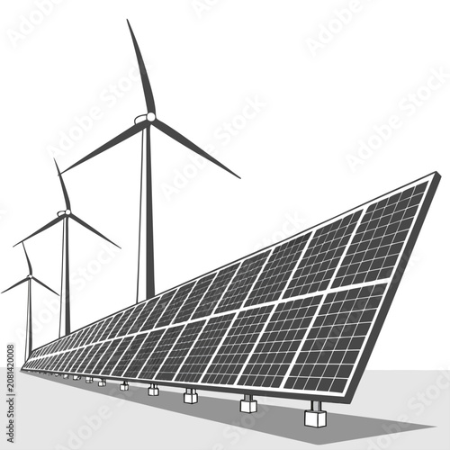 A black and white line of a renewable energy farm with solar panels and wind turbines on a plain surface, isolated on white