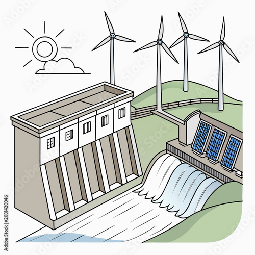 Fotografie Isometric of a hydroelectric dam and wind turbines generating clean renewable en