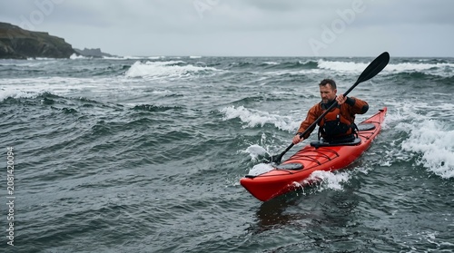 Man paddling red kayak through choppy ocean waves on overcast day near rocky shoreline