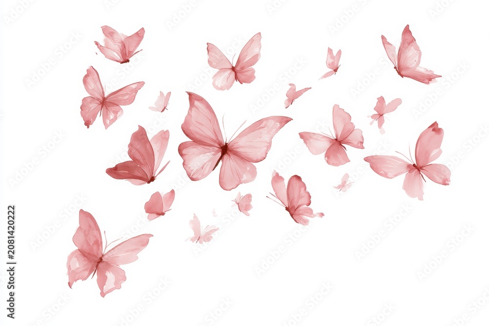 Fototapeta premium Watercolor pink butterflies flying, collection of decorative insects, isolated on white background