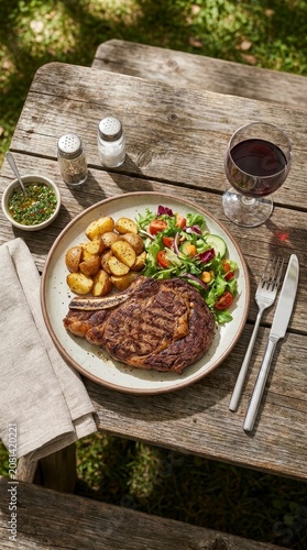 Outdoor grilled steak dinner with potatoes and salad