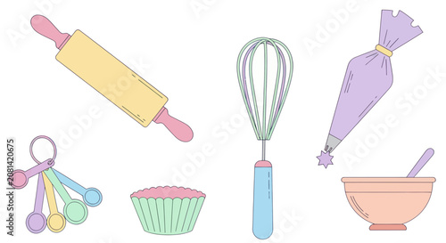 Konstfotografi Pastel baking kitchen tools set including whisk and rolling pin