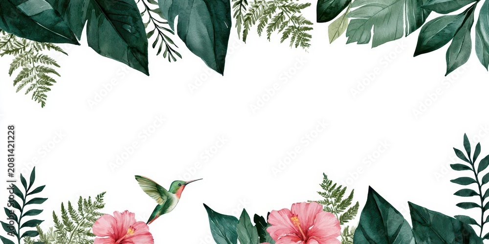 Fototapeta premium Watercolor tropical frame with hibiscus flowers, fern leaves, and a hummingbird isolated on white background