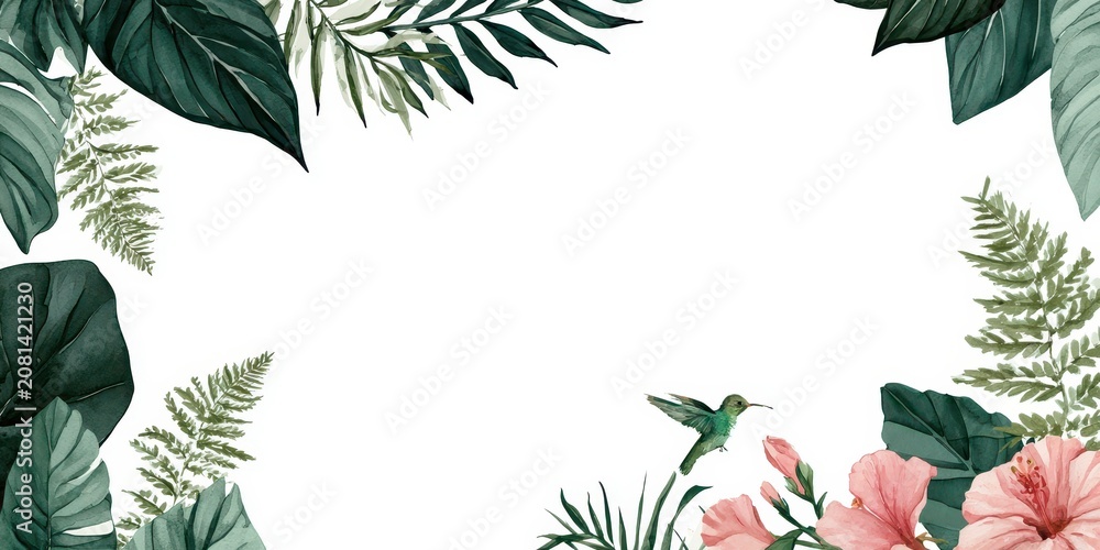 Fototapeta premium Watercolor tropical frame with hibiscus flowers, fern leaves, and a hummingbird isolated on white background