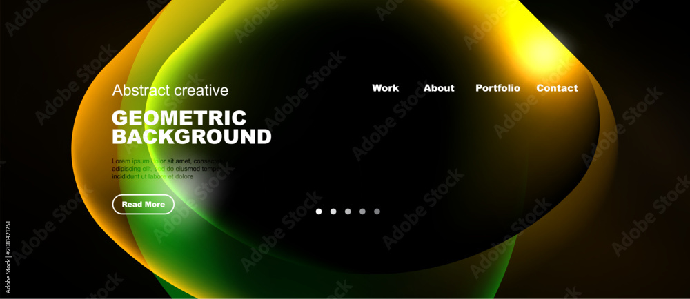 Naklejka premium Abstract website design features vibrant gradients, geometric shapes, navigation menu. Modern aesthetic, dark background enhances visual impact.