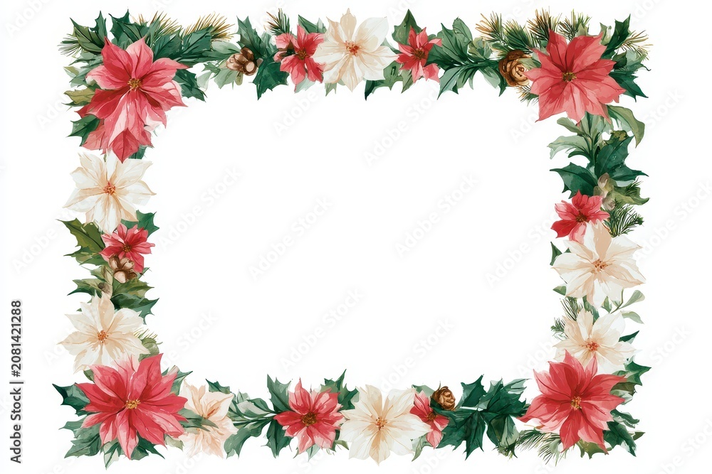 Naklejka premium Watercolor christmas frame with poinsettia flowers and holly leaves isolated on white background