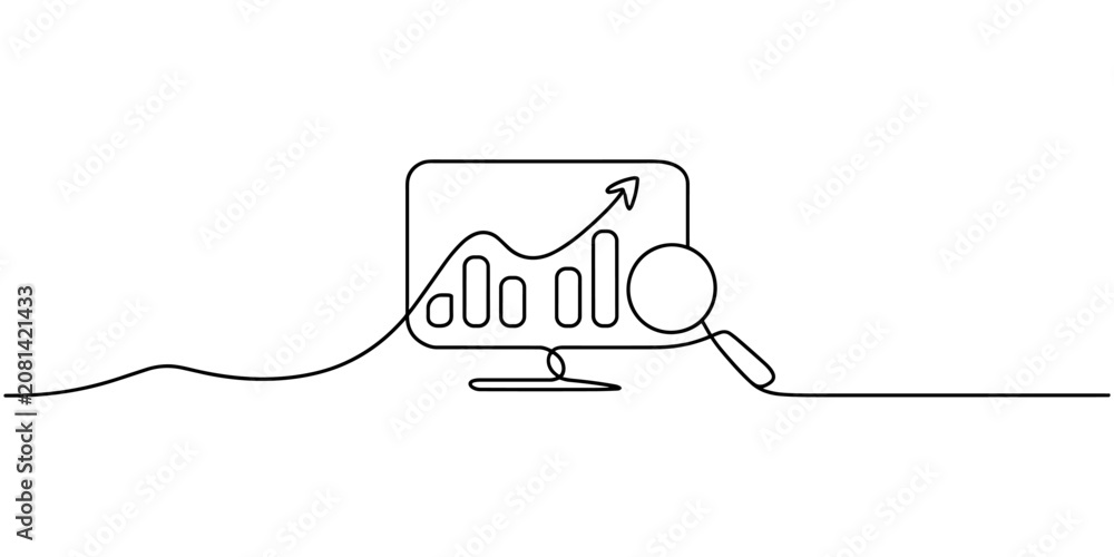 Fototapeta premium Data Analytics Growth Chart with Magnifying Glass Continuous One Line Drawing Vector Illustration