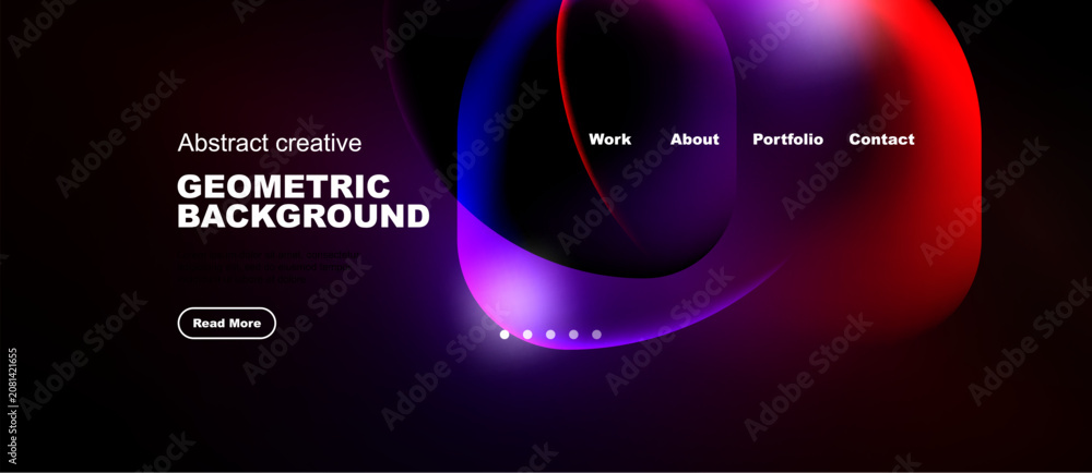 Fototapeta premium Dark background features vibrant abstract shapes, text elements, navigation options. Modern design promotes creativity, geometric patterns.