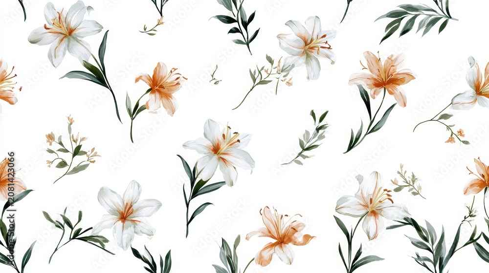 Obraz premium Seamless pattern with white and orange lilies and green leaves, watercolor floral illustration isolated on white background
