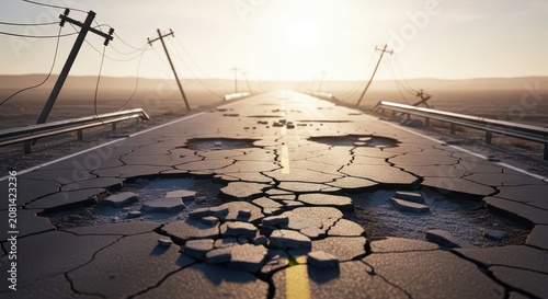 Cracked asphalt road disappearing into a desolate landscape after an earthquake