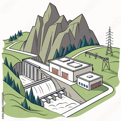 Obraz na plátně Isometric of a hydroelectric dam power plant facility situated in a mountainous