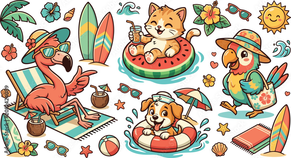 Naklejka premium Cute animals on summer beach vacation vector sticker set featuring cartoon flamingo on deck chair cat on watermelon float dog in inner tube and parrot with beach bag graphics.