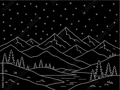 White Vector Line Art Mountain Landscape with Tiny Stars on Black Background 