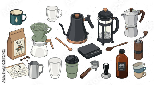 Obraz na plátne Coffee brewing methods and barista equipment vector set featuring moka pot french press pour over kettle grinder tamper and cold brew bottle illustrations
