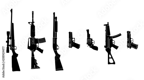 Schilderij op canvas Firearm silhouettes on a white background a collection of weapon shapes