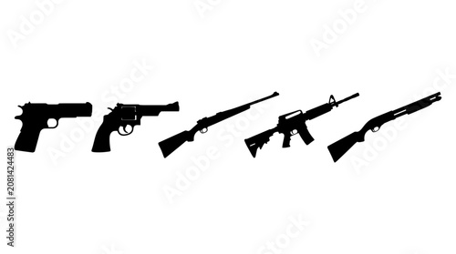 Fotografie Firearm Silhouettes On White Background Collection Of Weapon Shapes