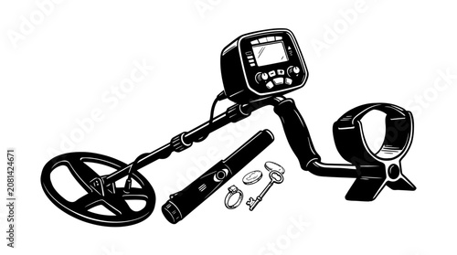 Billede på lærred Metal Detector And Accessories Black And White Sketch Illustration