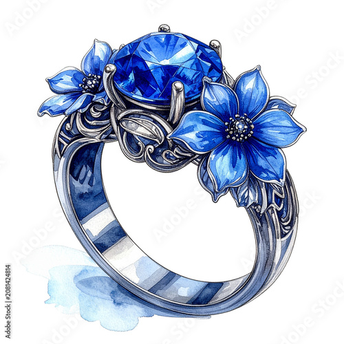 Silver ring with blue gemstone and floral design 1.