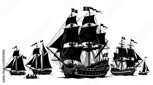 Photos Pirate ships silhouette against a white background nautical illustration