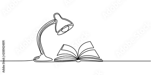Fotografie Open Book with Desk Lamp Continuous One Line Drawing Vector Illustration