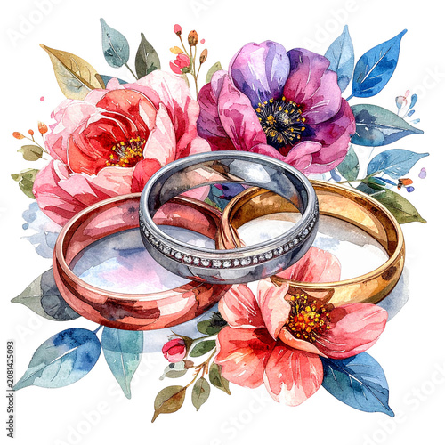 Three Wedding Rings with Floral Watercolor Background.